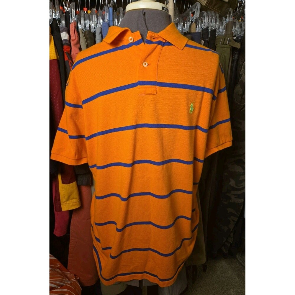 Polo Ralph Lauren Shirt XL Mens Orange Striped Custom Fit Polo Kanye Style EUC